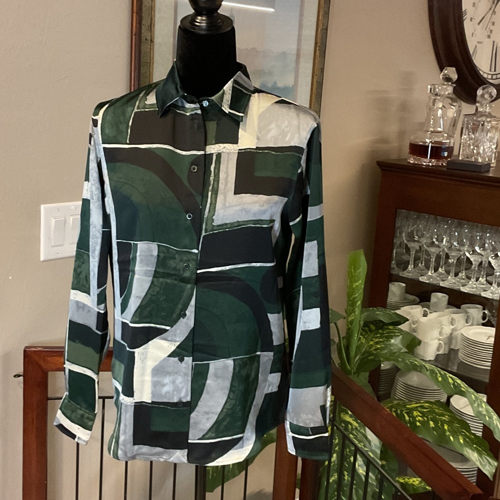 RALPH LAUREN - Geometric Print Button-Up Blouse in Forest Green & Black, Small